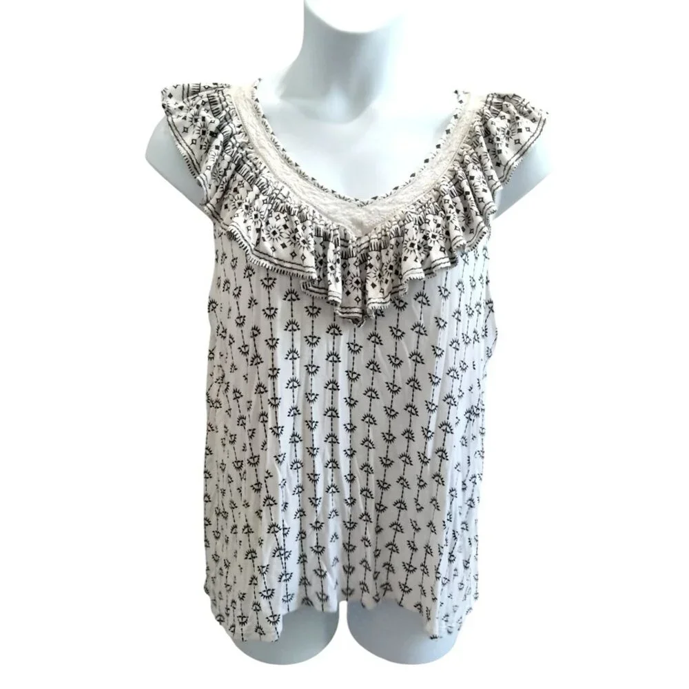 Faded Glory Size XL Sleeveless Ruffle V-Neck Top Black Floral Print Lace Detail - Picture 2 of 8